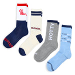 Four pairs of Ole Miss Crew socks in different colors with text on a white background