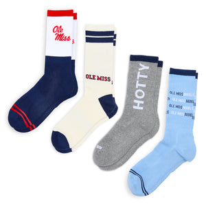 Four pairs of Ole Miss Crew socks in different colors with text on a white background