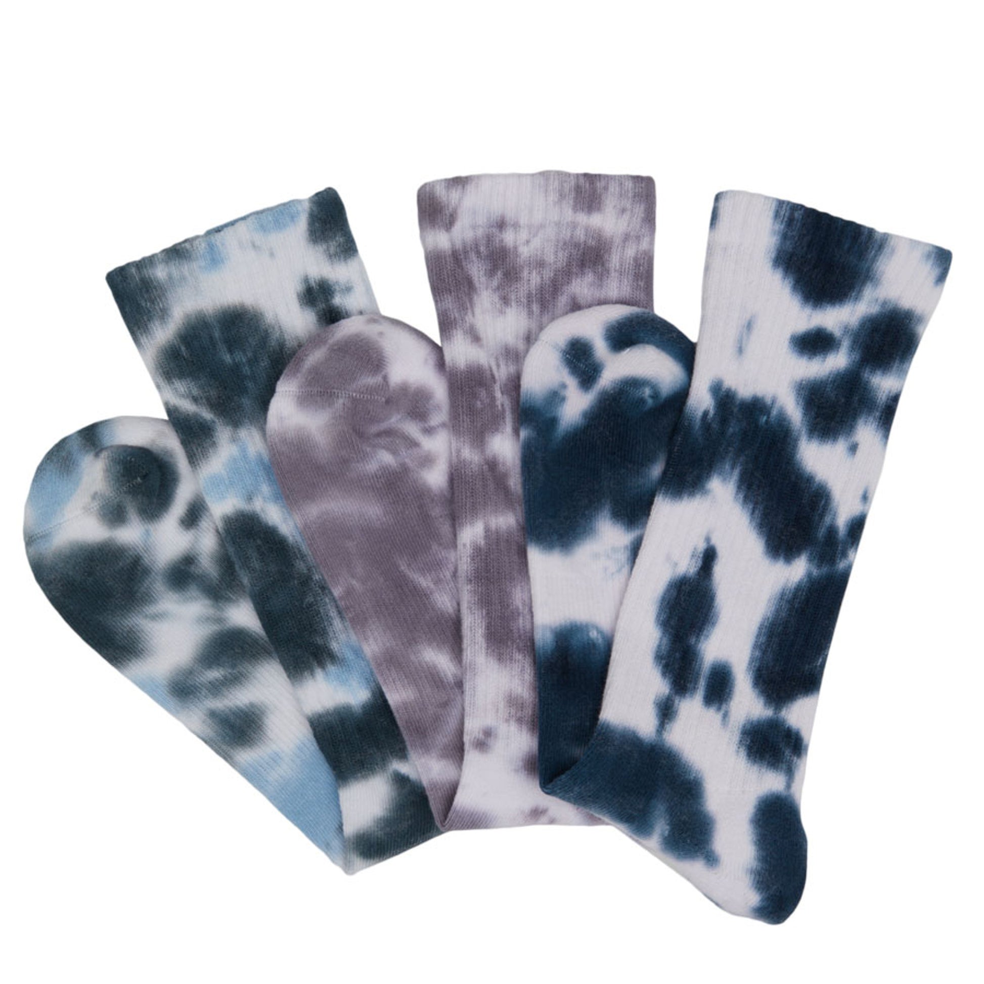 3 premium DeadSoxy Tie-Dye casual crew socks laid out flat in a spiral in a mixture of white, grey and blue colors.
