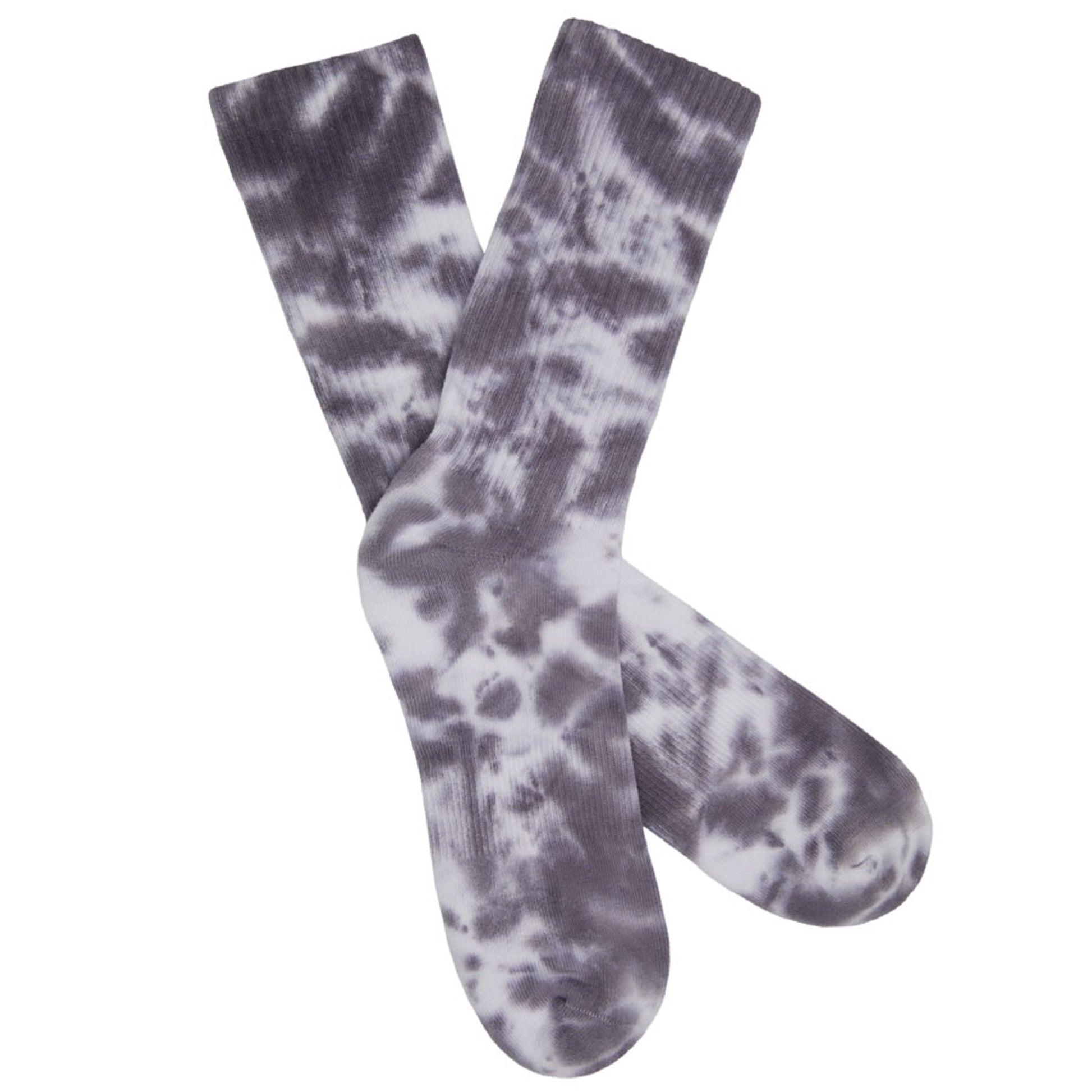 White and Grey Tie-Dye casual crew athletic lounger sock on mannequin laid out flat.