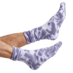 White and Grey Tie-Dye casual crew athletic lounger sock on legs coming into the image from the left