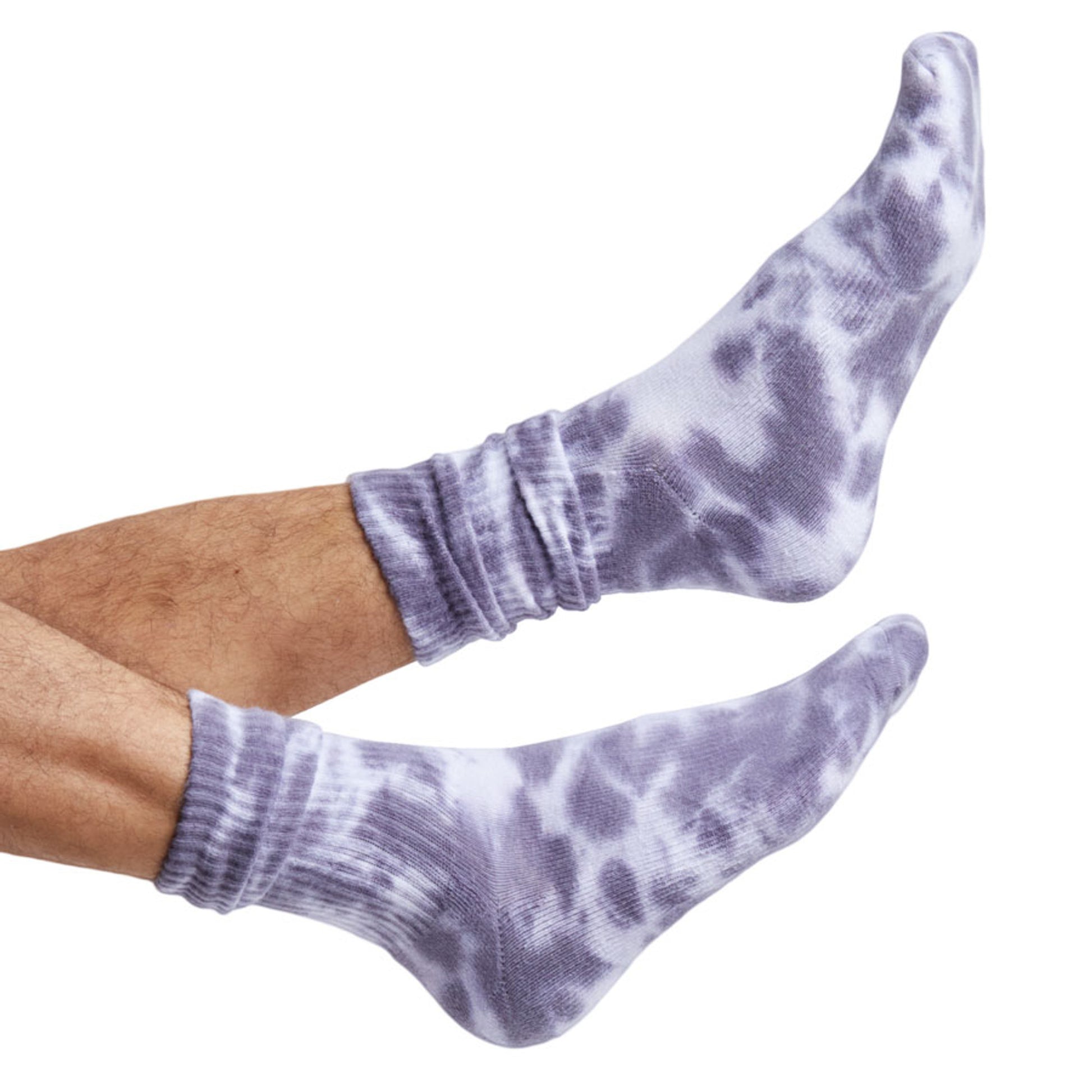 White and Grey Tie-Dye casual crew athletic lounger sock on legs coming into the image from the left