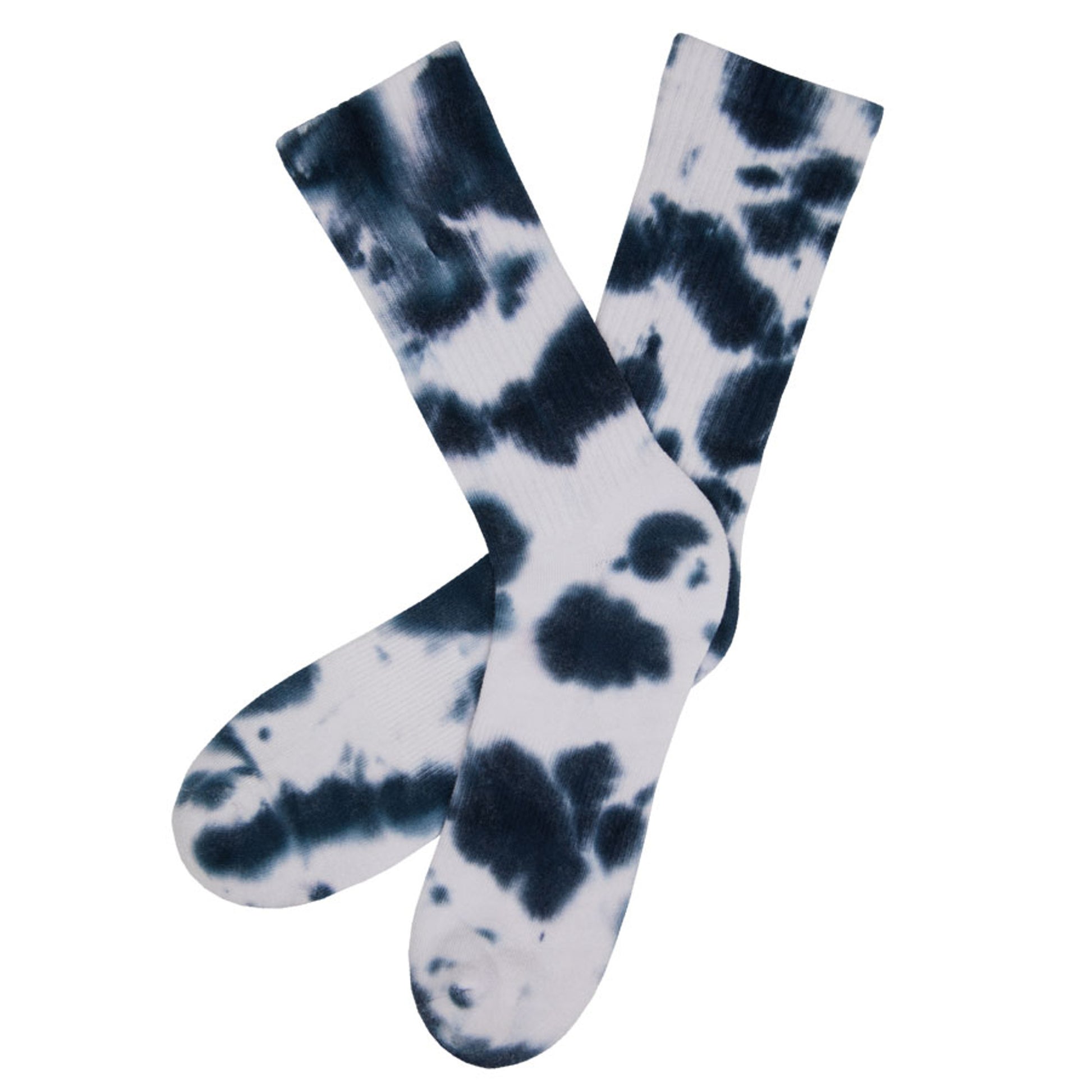 White and Navy Tie-Dye casual crew athletic lounger sock on mannequin laid out flat.