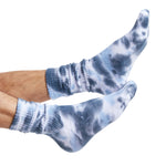 White and blue 2 color tie-dye casual crew athletic lounger sock shown on legs coming into the image from the left