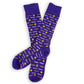 Purple and gold dress socks with TIGAHS written on in a stripe design separated by paw prints laid flat and crossed at the heel