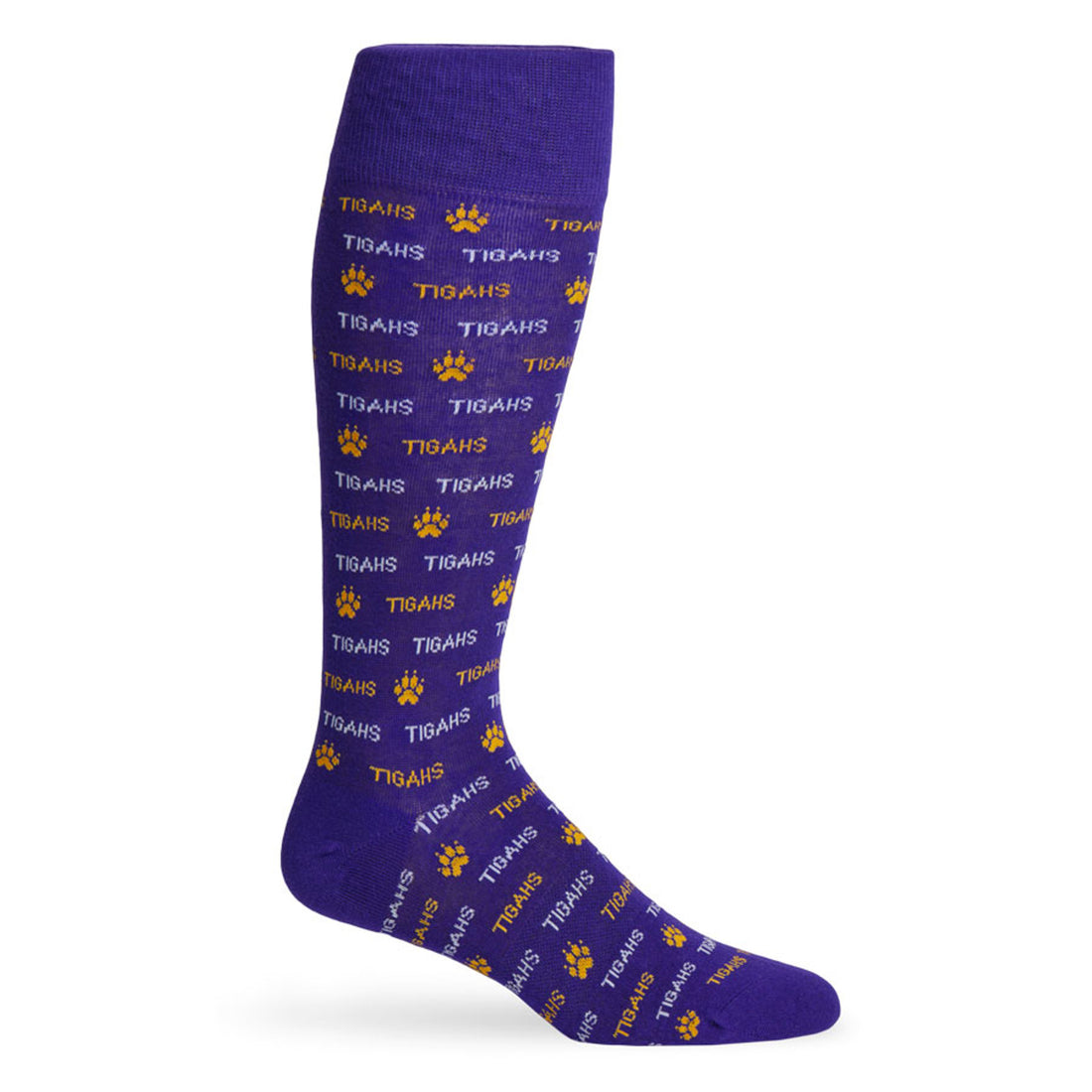 Purple dress socks with Tigahs written in gold with small paw prints shown on a mannequin