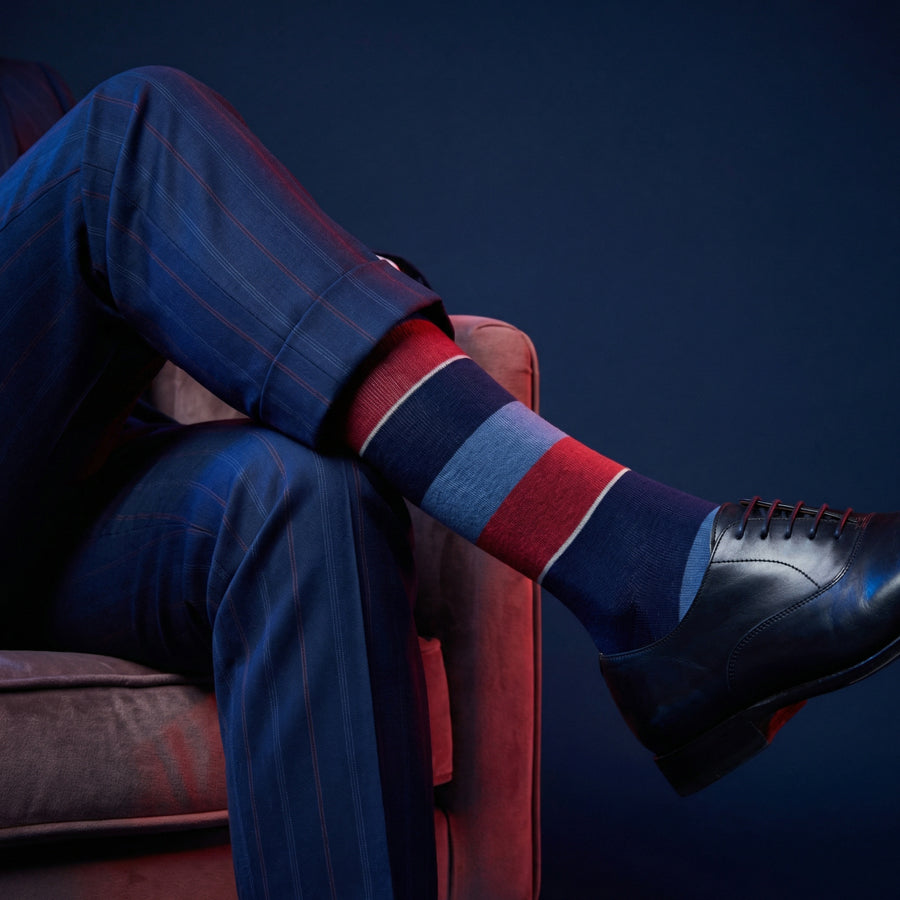 Tomas Dress Socks | Navy Blue & Red Block Stripe