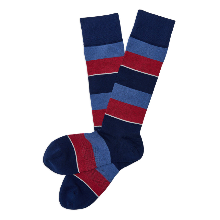 Tomas dress socks flat lay showing full navy blue and crimson block stripe pattern
