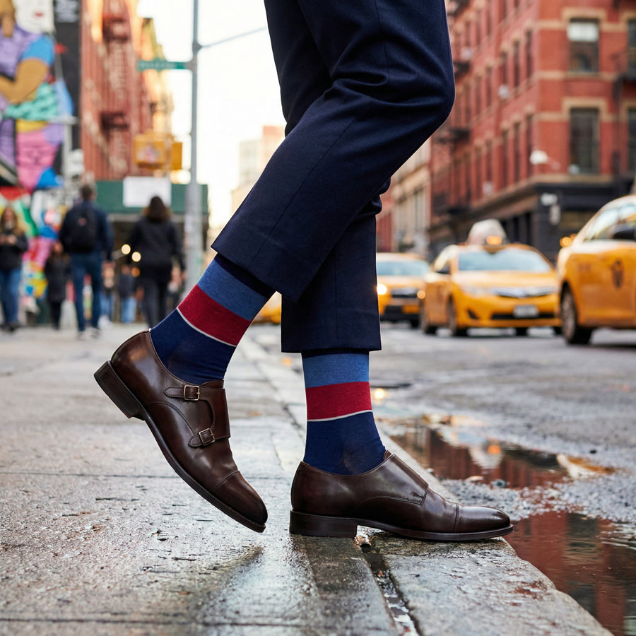 Tomas Dress Socks | Navy Blue & Red Block Stripe | DeadSoxy Tomas Dress Socks | Navy Blue & Red Block Stripe | DeadSoxy