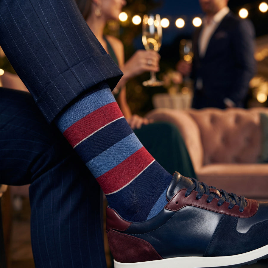 Tomas Dress Socks | Navy Blue & Red Block Stripe