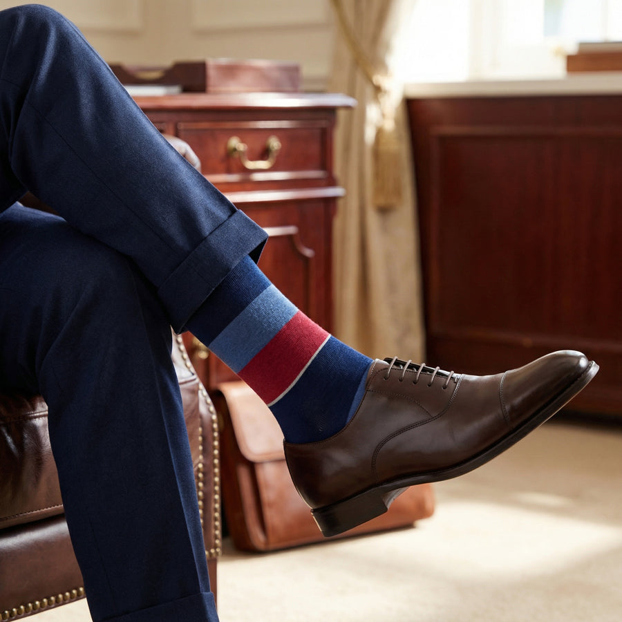 Tomas Dress Socks | Navy Blue & Red Block Stripe | DeadSoxy Tomas Dress Socks | Navy Blue & Red Block Stripe | DeadSoxy