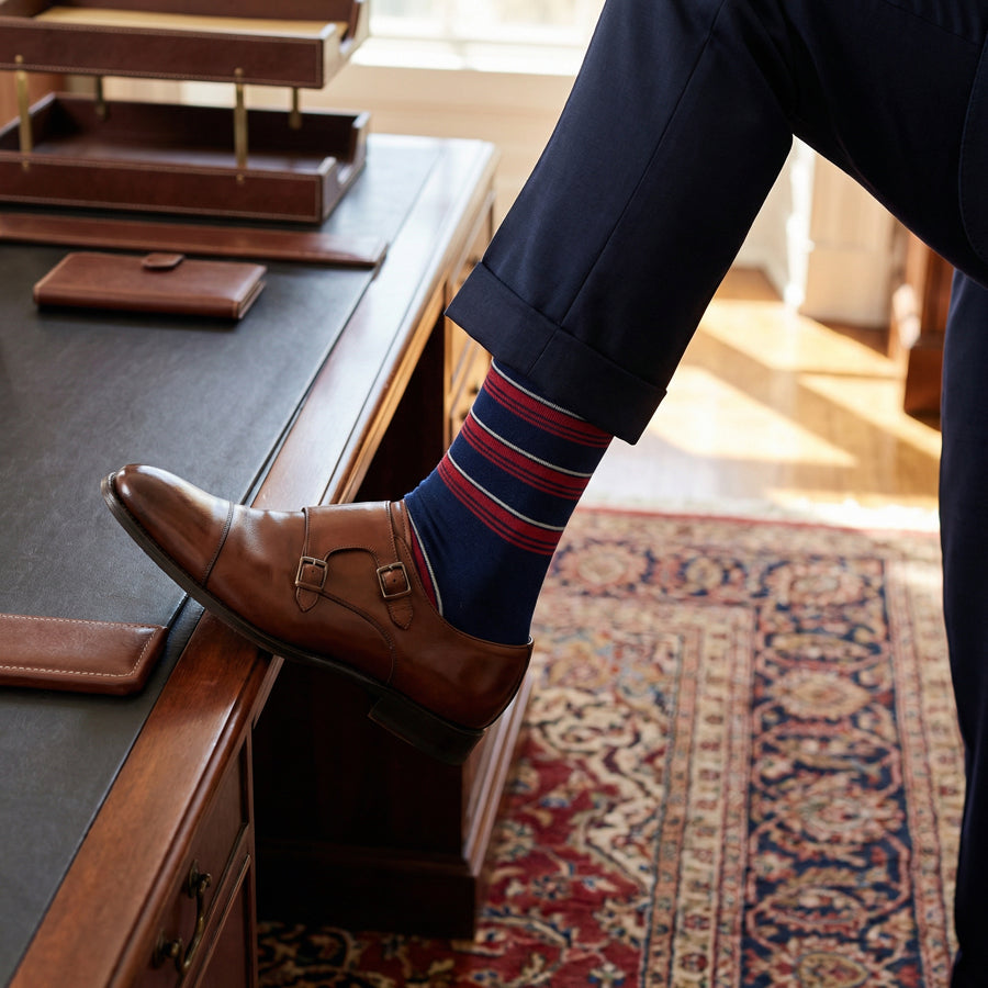 Tommy dress socks worn in professional business meeting setting