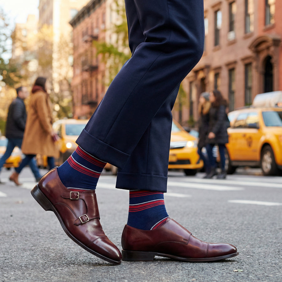 Tommy navy and red stripe dress socks styled in urban setting