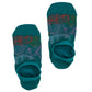 1 pair of no show socks lay flat side by side in solid teal with a multi color leaf pattern in green orange blue and pink