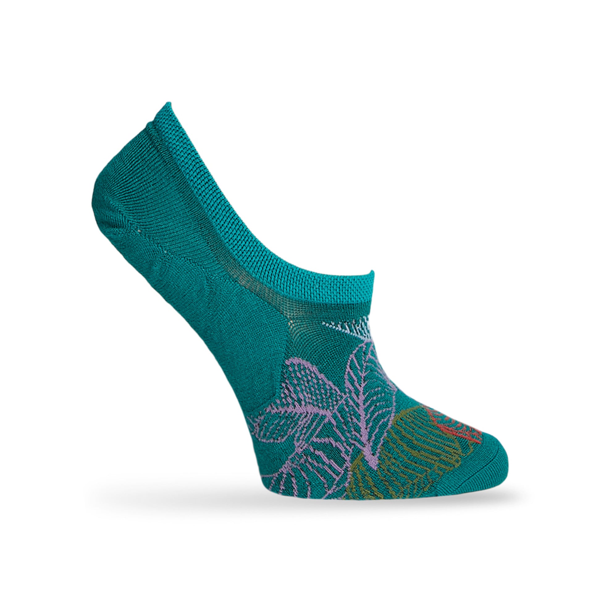 1 no show sock in solid teal with a multi color leaf design in pink green blue and orange displayed on a mannequin