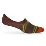 1 brown no show sock with horizontal stripe design orange green with webbed black design orange toe displayed on mannequin