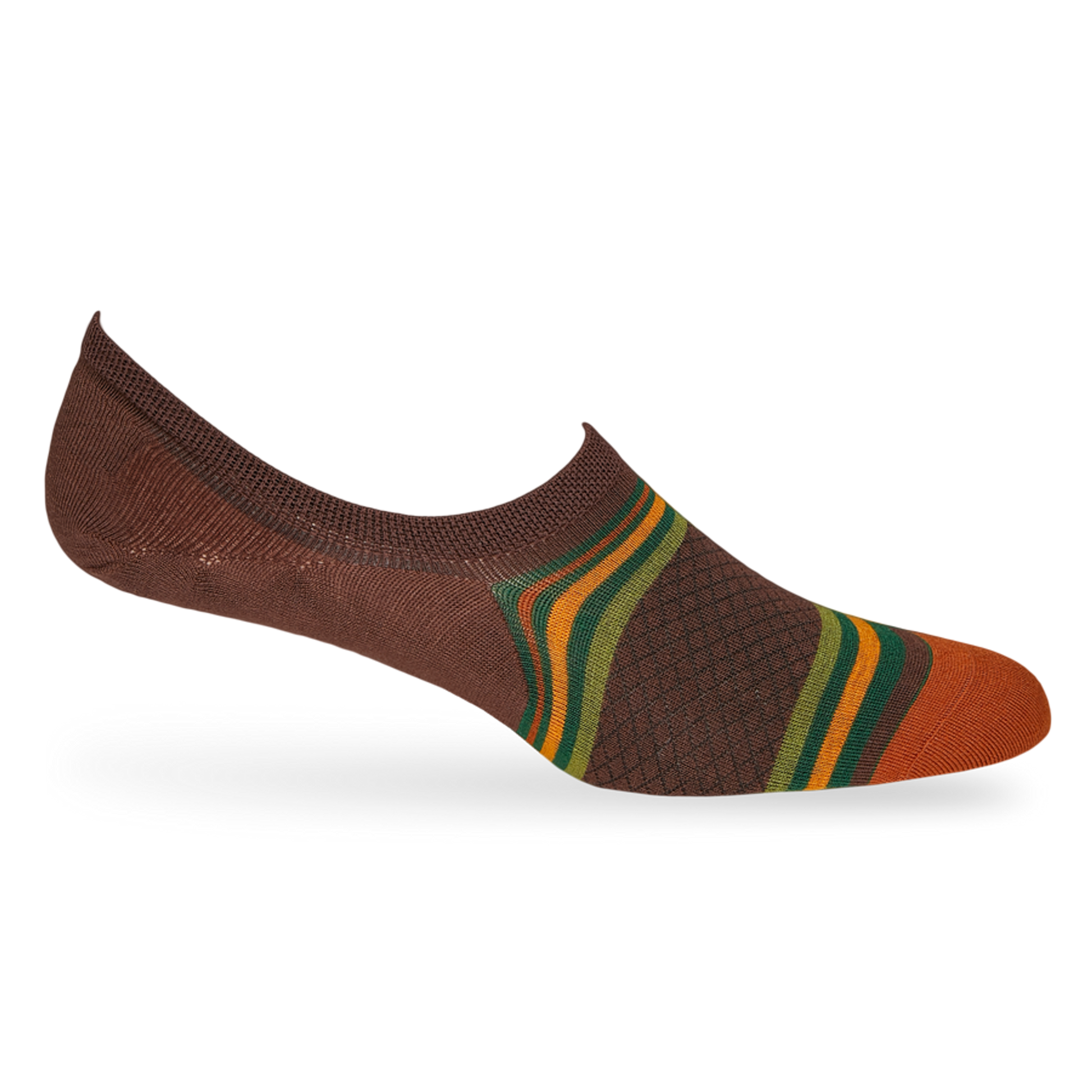 1 brown no show sock with horizontal stripe design orange green with webbed black design orange toe displayed on mannequin
