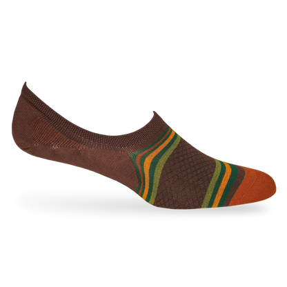 1 brown no show sock with horizontal stripe design orange green with webbed black design orange toe displayed on mannequin