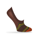 1 brown no show sock with horizontal stripe design orange green with webbed black design orange toe displayed on mannequin
