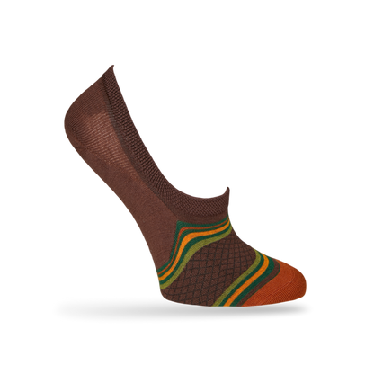 1 brown no show sock with horizontal stripe design orange green with webbed black design orange toe displayed on mannequin