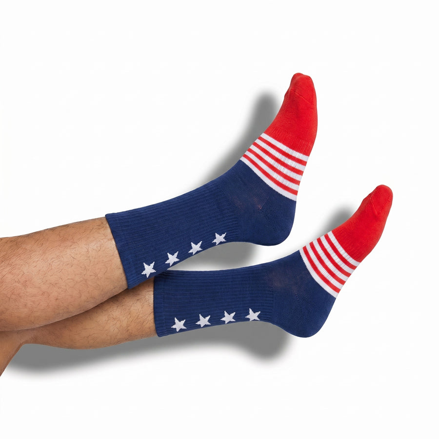 Red, white, and blue socks with star patterns on a white background