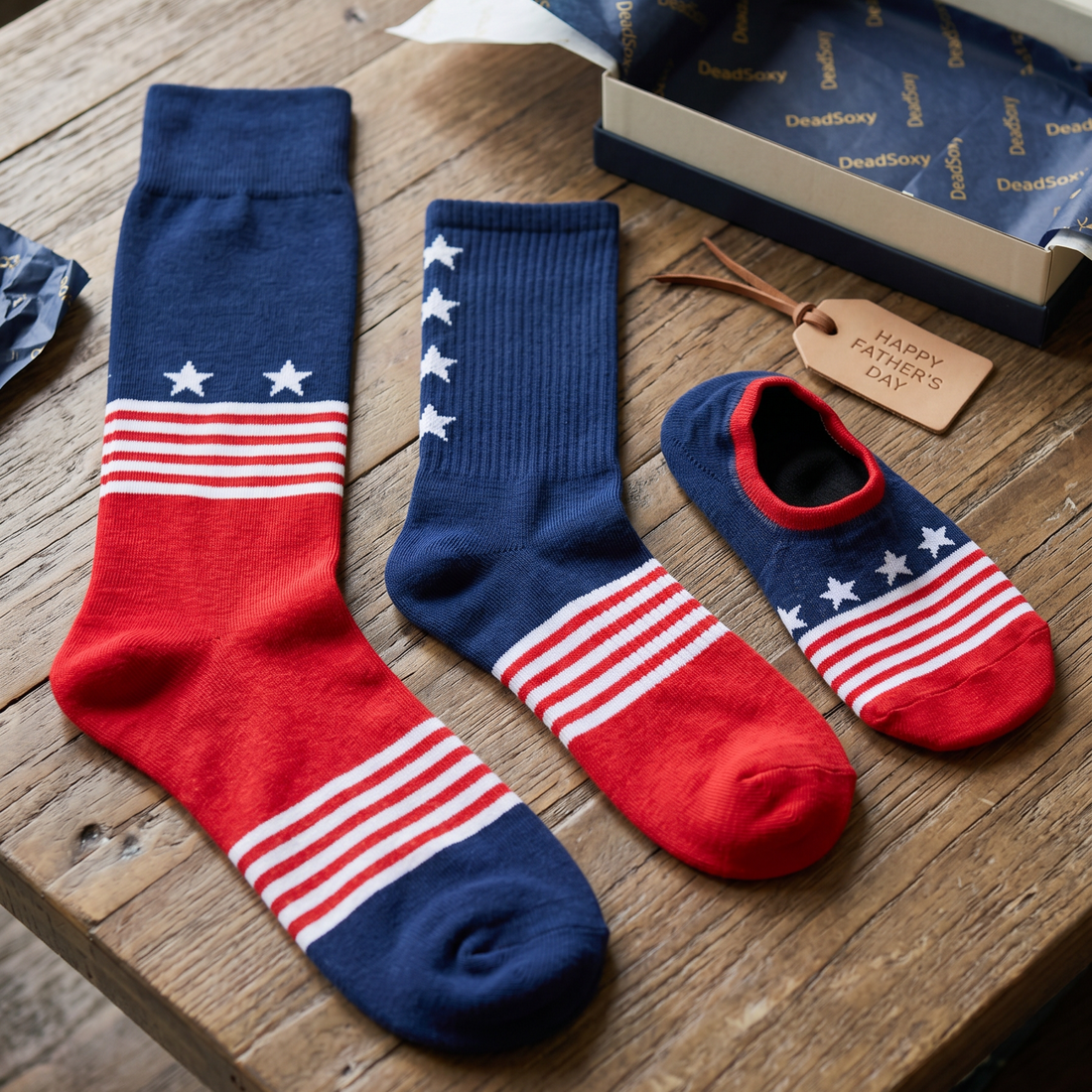 Set of red, white, and blue socks on a wooden surface with packaging.