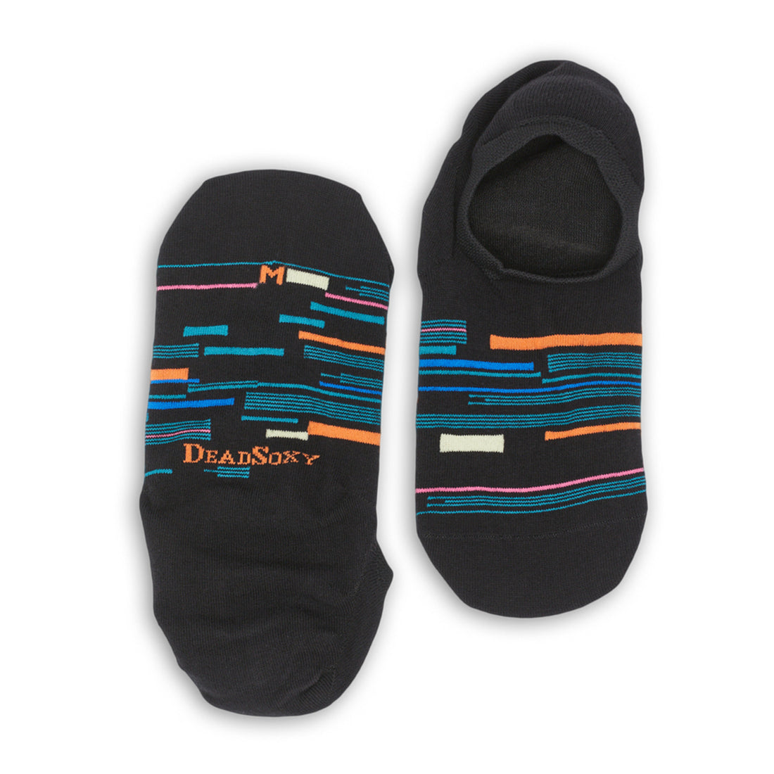 Black no show invisible liner socks with stripe and patch design in blue, orange and yellow laid out flat