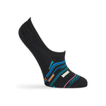 Black no show liner sock with stripe and patch design in blue, orange and yellow for women