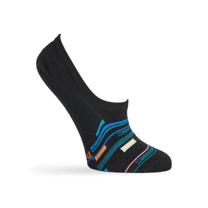 Black no show liner sock with stripe and patch design in blue, orange and yellow for women