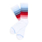 Pair of socks with blue, red, and white horizontal stripes on a white background