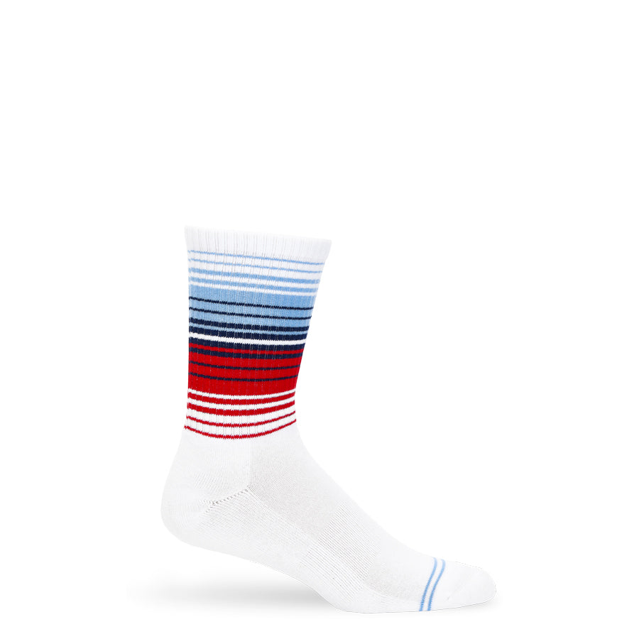 White sock with blue and red stripes on a white background