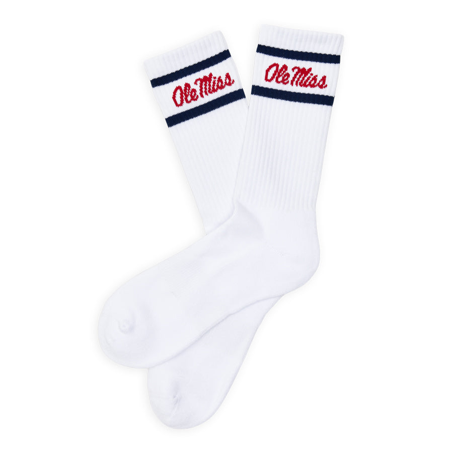 White Retro Script Casual Crew Socks