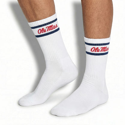 White Retro Script Casual Crew Socks
