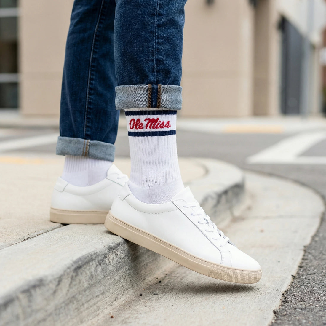 White Retro Script Casual Crew Socks