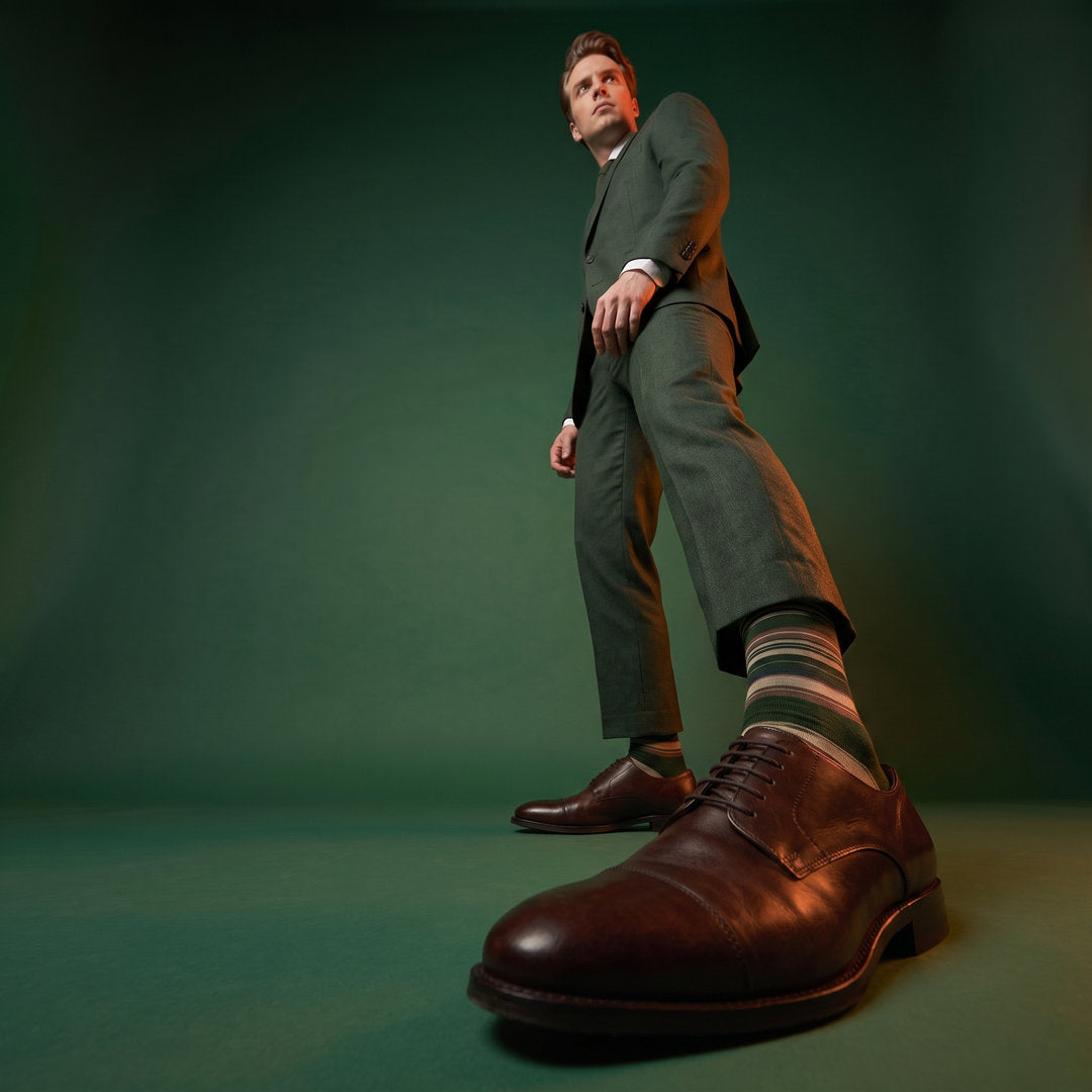 Hayes cotton dress socks, one of seven included styles in Fall 2026 Selection 2, styled with dress shoes