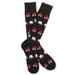 Black socks with red and white wagon pattern on a white background