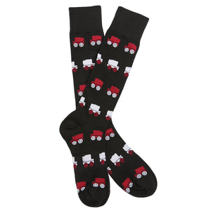 Black socks with red and white wagon pattern on a white background