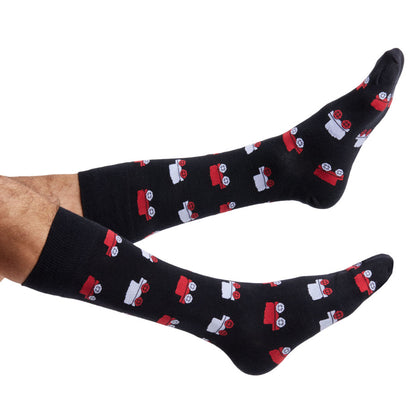 Crimson dress socks with a birdseye pattern shown in lay-flat and lifestyle images highlighting texture and team-color design.