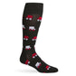 Black sock with red and white wagon pattern on a white background