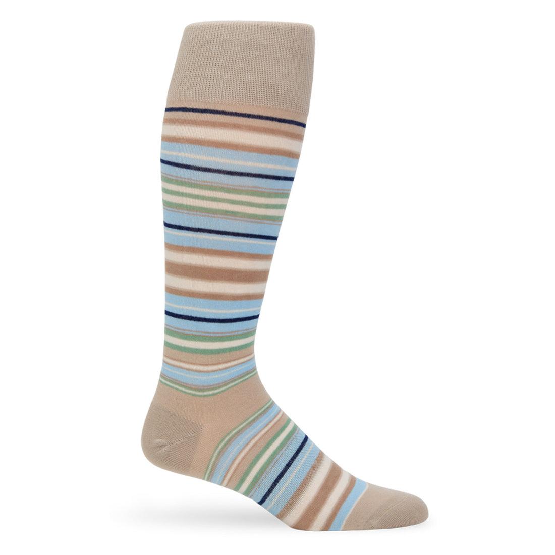 Wallace striped men‚Äôs dress sock‚Äîsand tan base with sky blue, navy & sage lines; TrueStay‚Ñ¢ non-slip cuff; supreme cotton yarn.