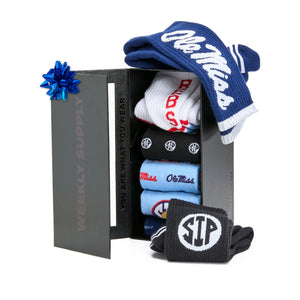 Weekly Sply HYDR 7-Pack featuring a mix of Ole Miss themed dress and casual crew socks