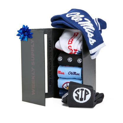 Weekly Sply HYDR 7-Pack featuring a mix of Ole Miss themed dress and casual crew socks