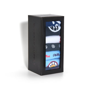 white casual crew with stripes on the ankle in red and powder blue