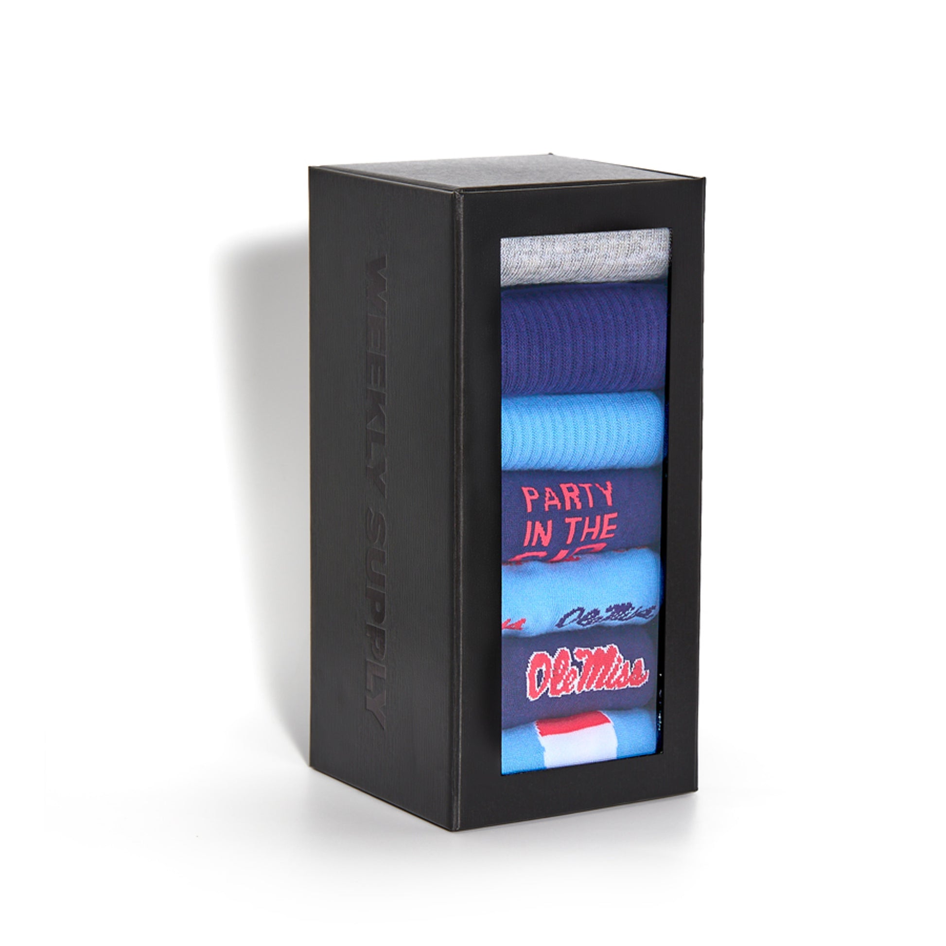 Weekly Sply SIP 7-Pack featuring a mix of Ole Miss themed dress and casual crew socks