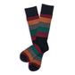 DeadSoxy Wells Cotton Dress Socks flat lay showing wide burgundy, orange, charcoal and green stripes on a dark base
