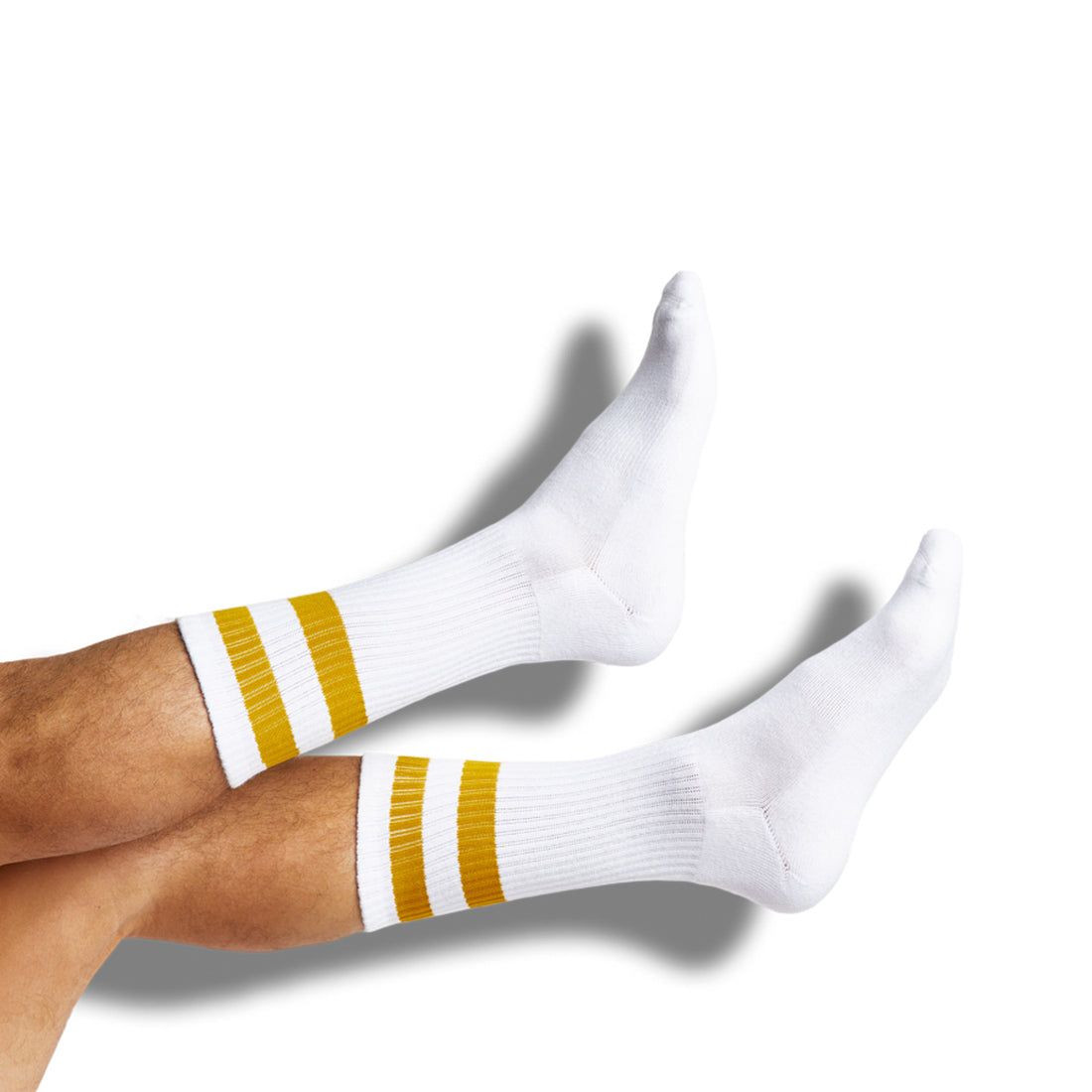 White casual socks with 2 gold retro stripes on the legs