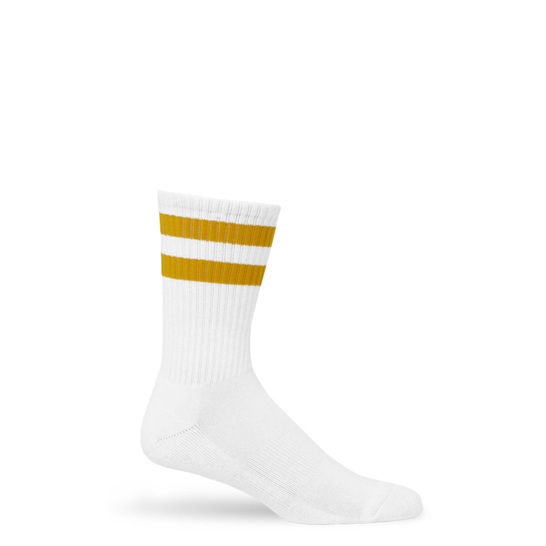 White casual socks with 2 gold retro stripes on the leg