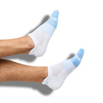 White and powder blue 50/50 ankle socks with two accent stripes around the toe.