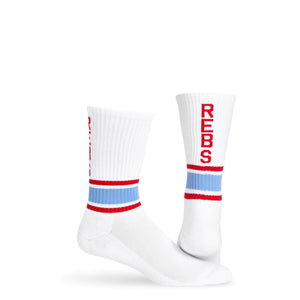 White Casual Crew Socks with 'Rebs' down the back of the leg retro stripes on the ankle in powder and red featured image.