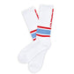 White Casual Crew Socks with 'Rebs' down the back of the leg retro stripes on the ankle in powder and red laid out flat.